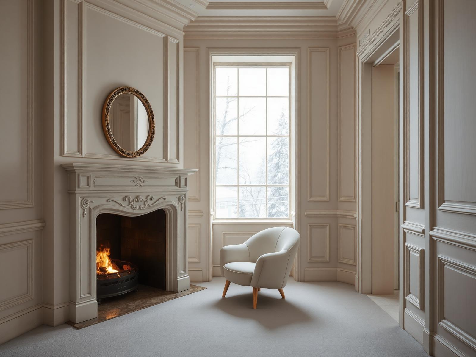 Ivory panelled alpine salon with a sculptural fireplace and snow light at the window