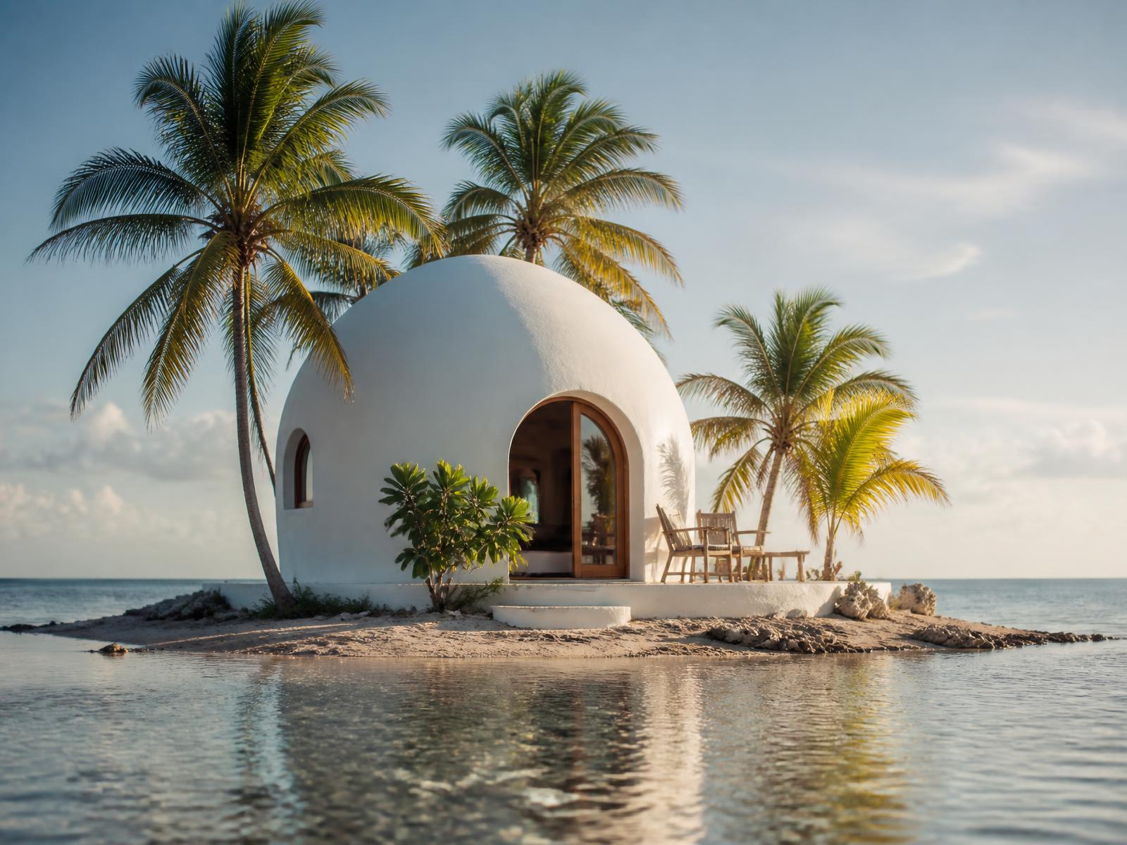 Small white dome villa on a sandbank surrounded by clear shallow water and palms