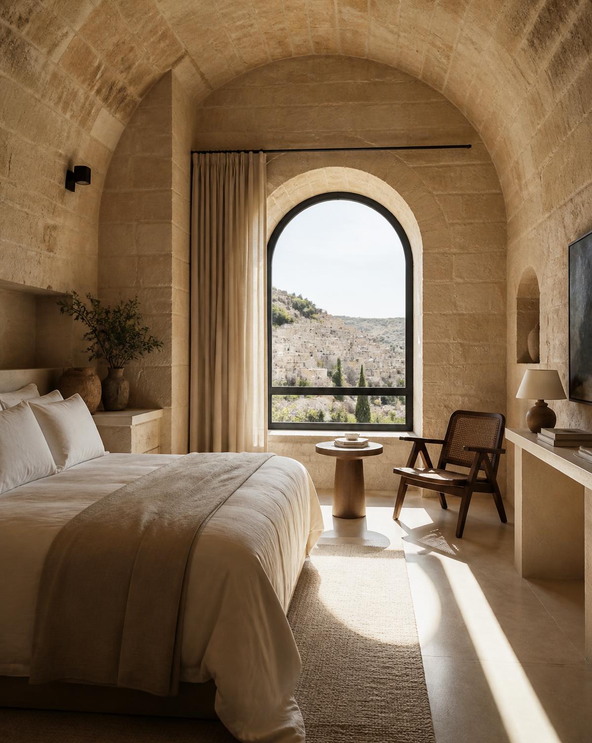 Boutique hotel bedroom carved in warm stone with an arched window and linen bedding