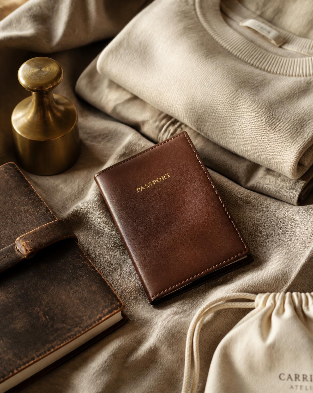 Leather passport holder, folded linen garments and a brass weight resting on warm linen cloth