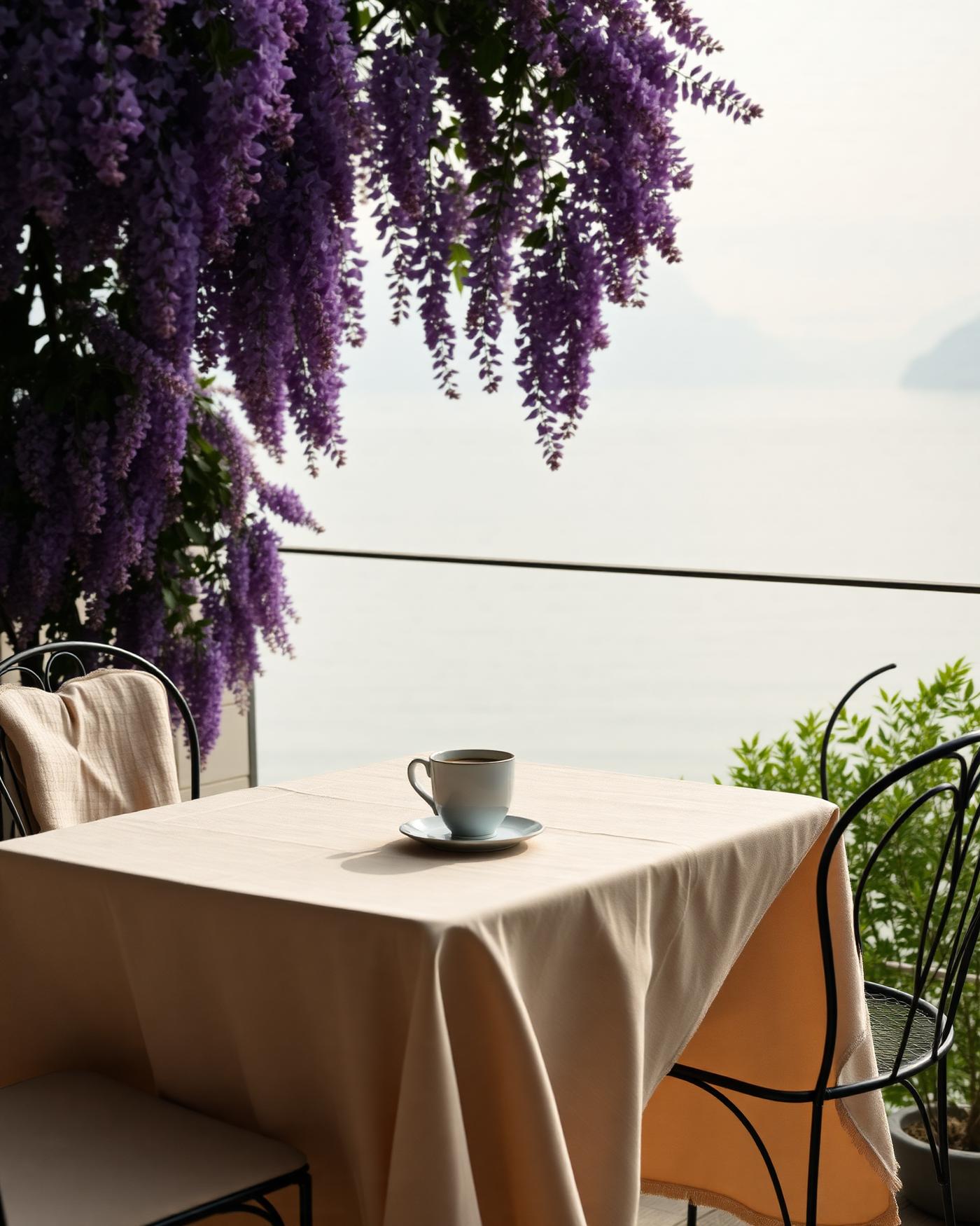 A linen-clothed lakeside table with espresso beneath flowering wisteria