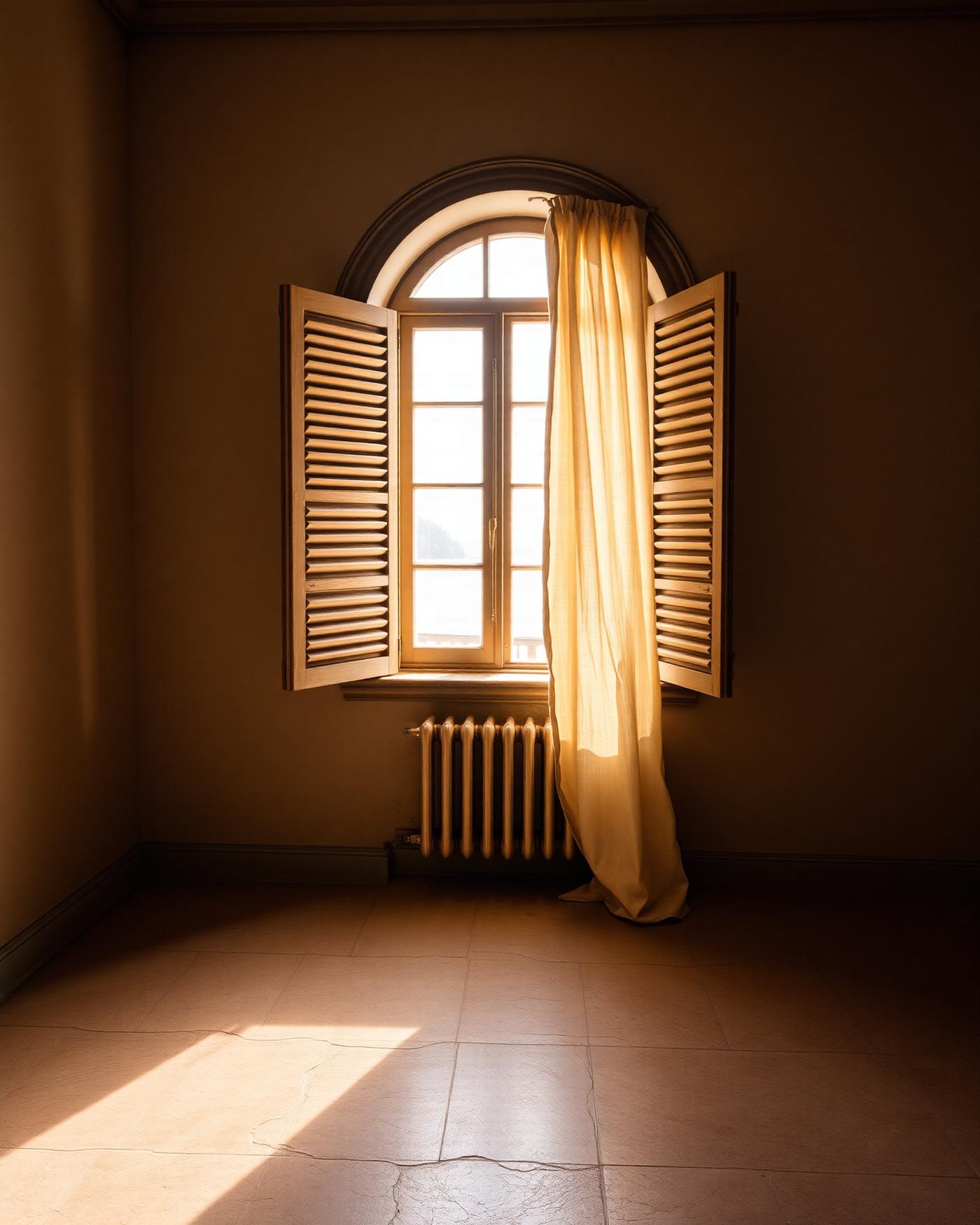 An old Italian villa room with shutters open to lake light and a drifting linen curtain