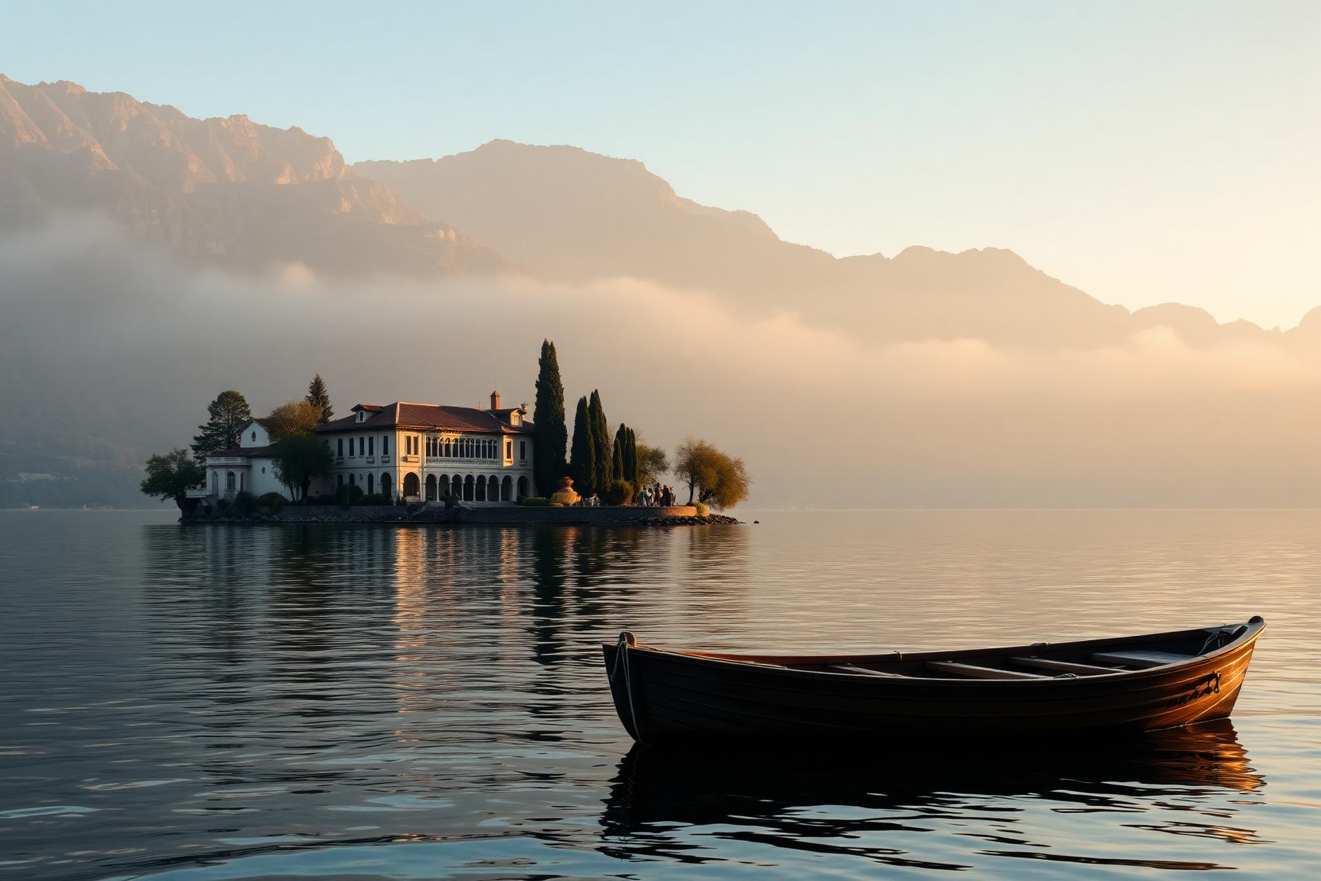 Lake Como at dawn with mist over the mountains, an old villa on the shoreline and a wooden boat on still water