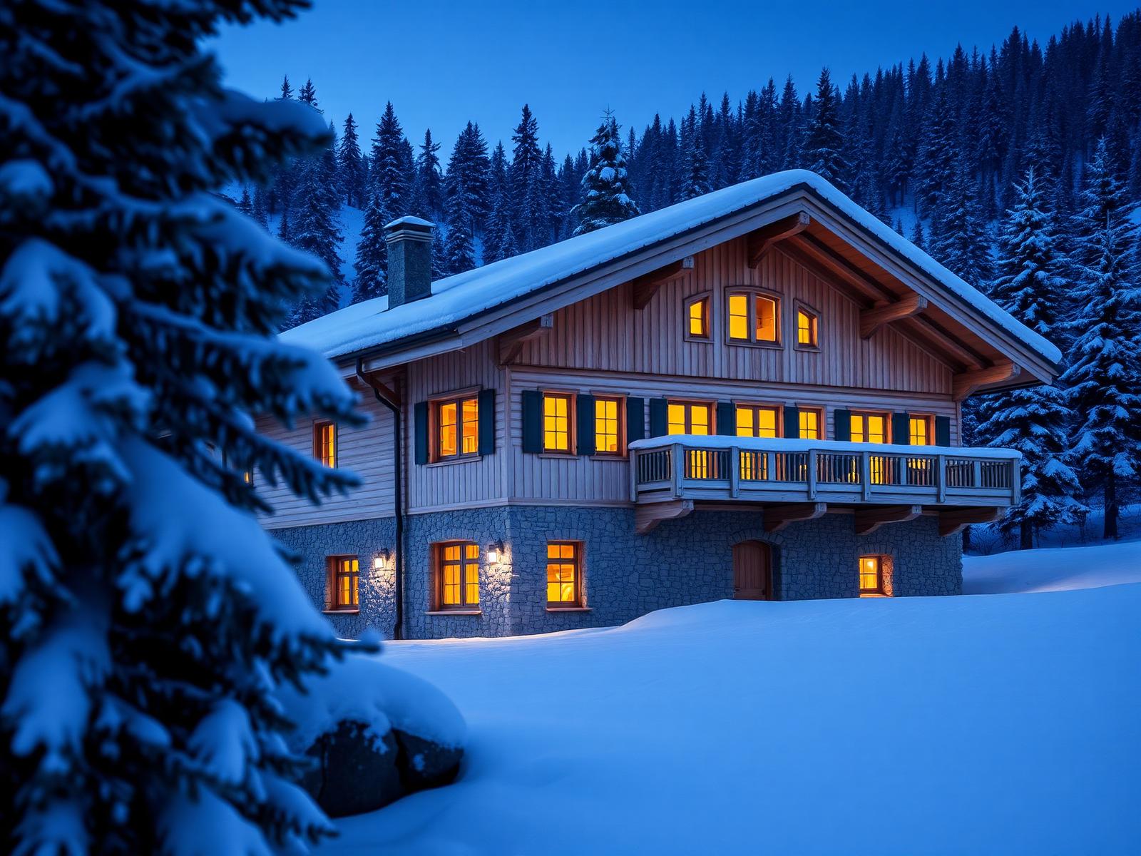 Pale timber and stone alpine chalet with warm lit windows in deep snow beside a pine forest at blue hour