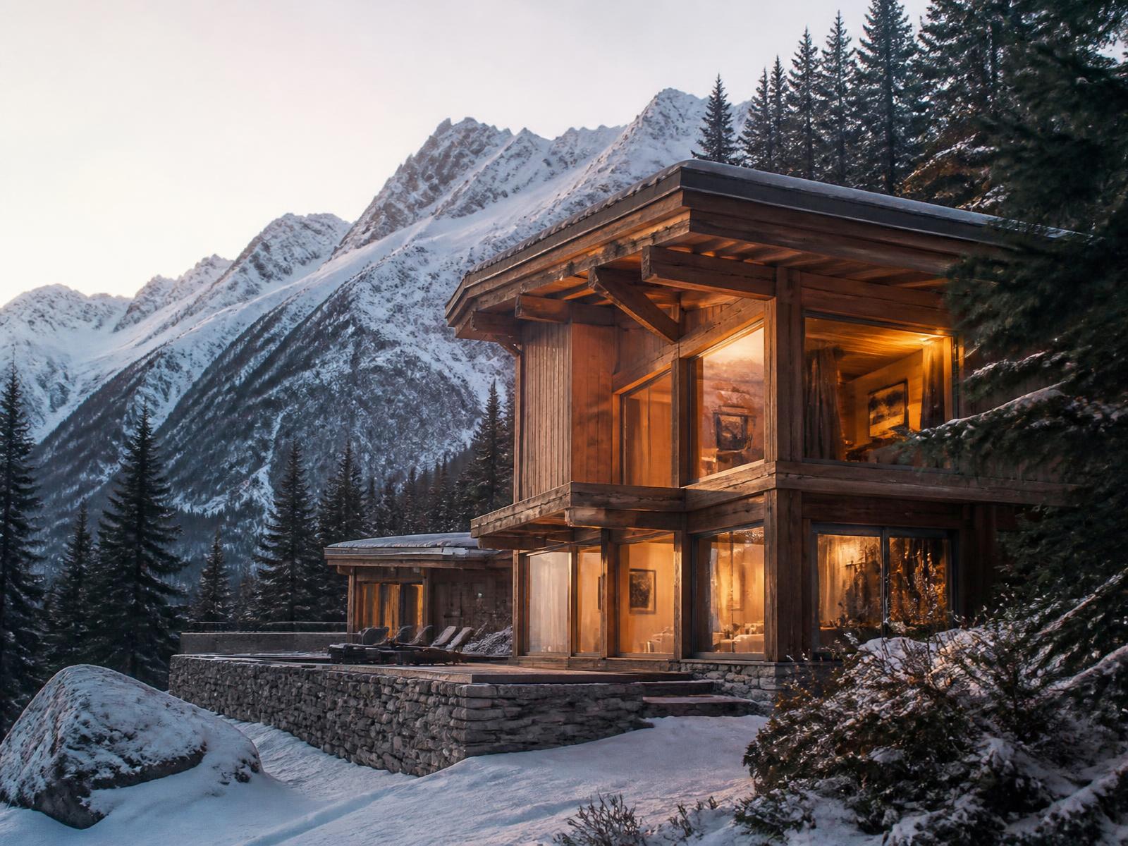 Contemporary alpine chalet of larch timber and stone with warm interior light against snowy peaks