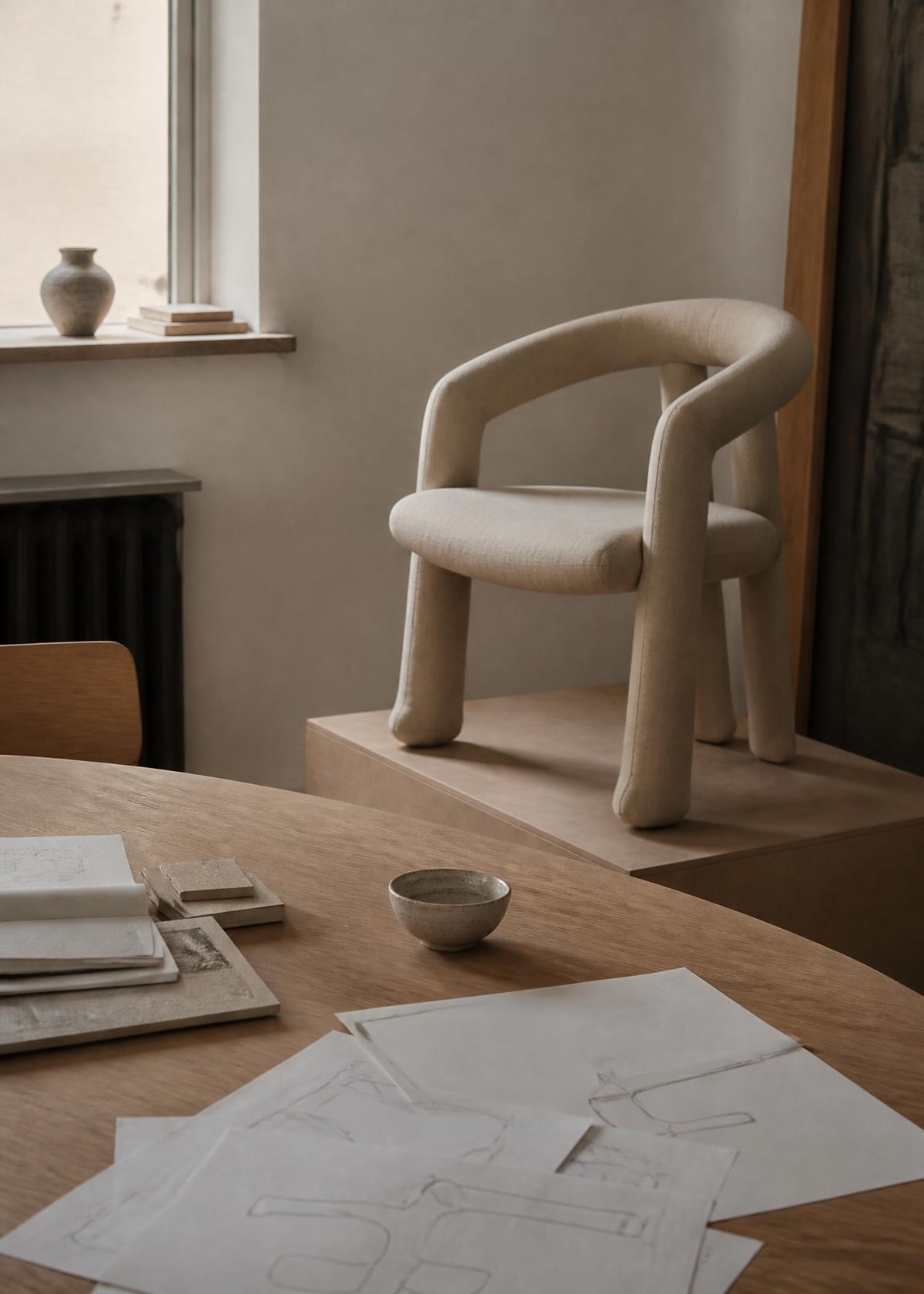 Still life of linen, ceramic and pale oak in warm afternoon light