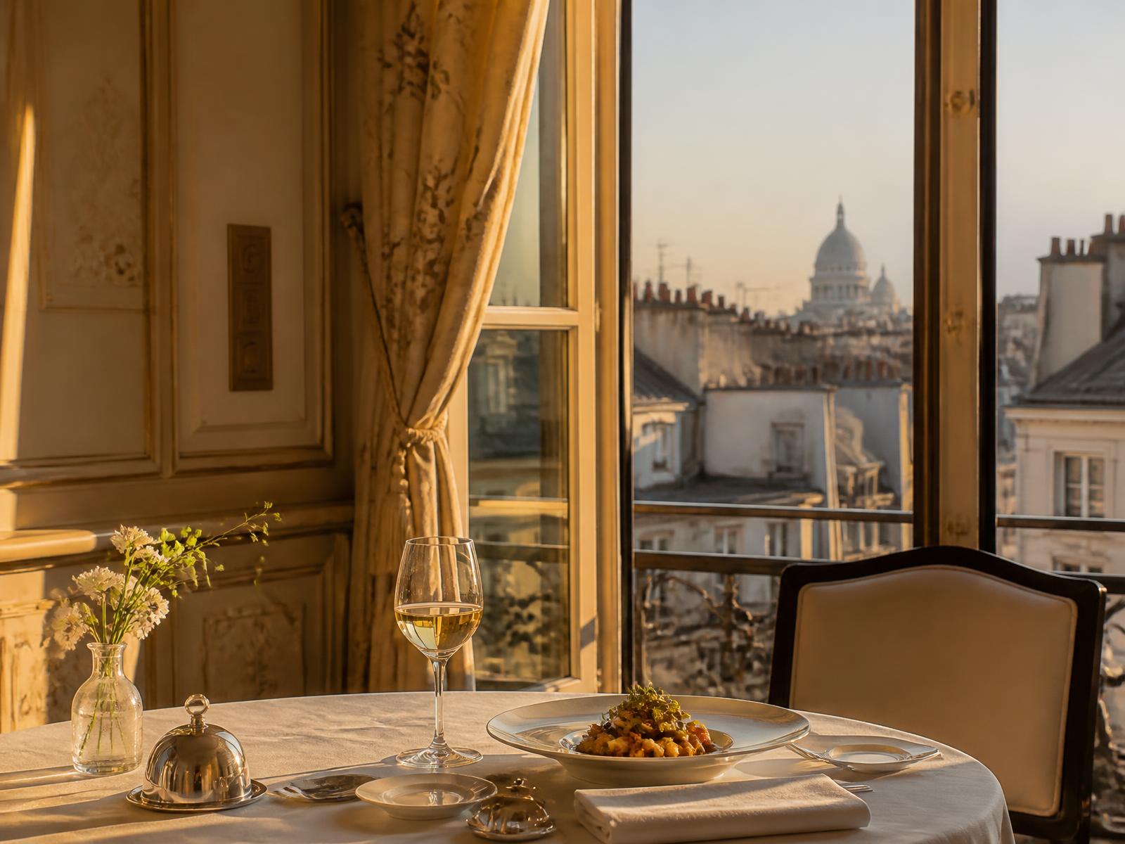 Table set with white linen and a single plate beside tall windows overlooking Parisian rooftops at golden hour