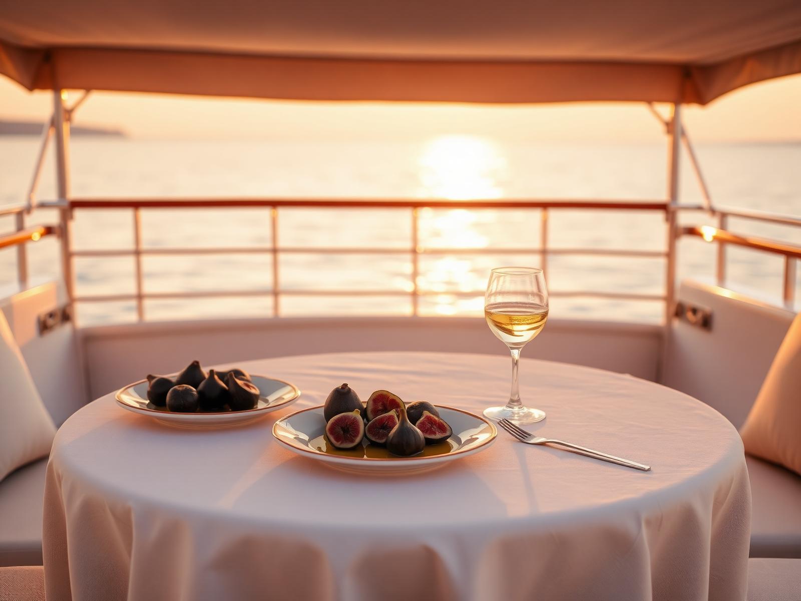 Table set with white linen, ceramic plates and figs on a yacht deck at golden hour above a calm sea
