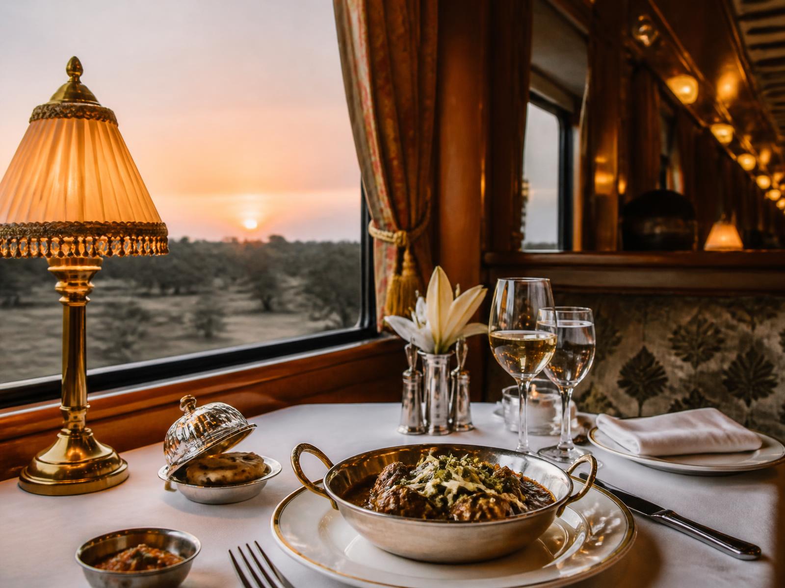 A dining car table laid with white linen, crystal and brass lamplight, a copper dish of regional Indian cooking, and sunset over the Indian countryside beyond the window