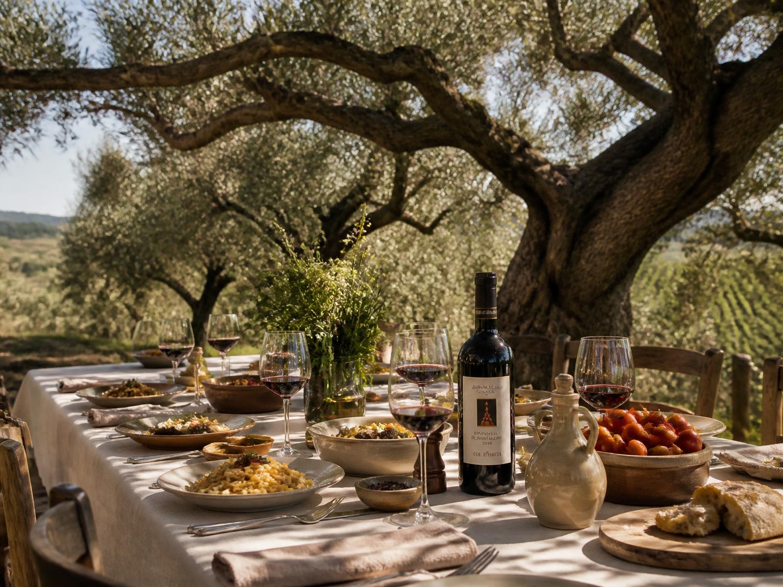 Long linen-covered lunch table set beneath ancient olive trees with fresh pasta, garden vegetables, olive oil and glasses of Brunello in dappled light