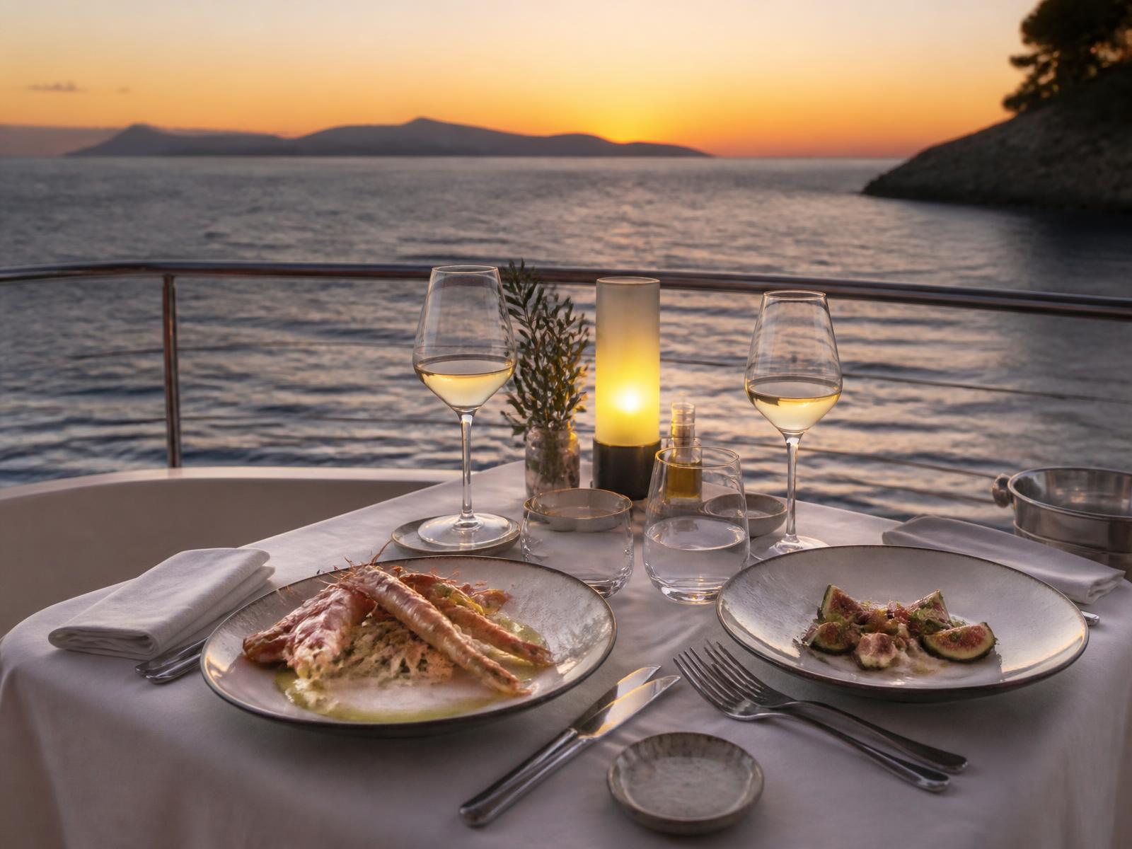 Intimate table for two on a yacht deck at dusk with white linen, ceramic plates, langoustines and figs and a single candle lamp