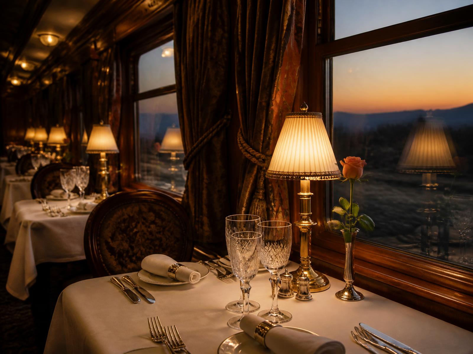 Dining car of a historic luxury European train laid with white tablecloths, crystal glasses, silver and small lamps, with twilight landscape passing outside the window