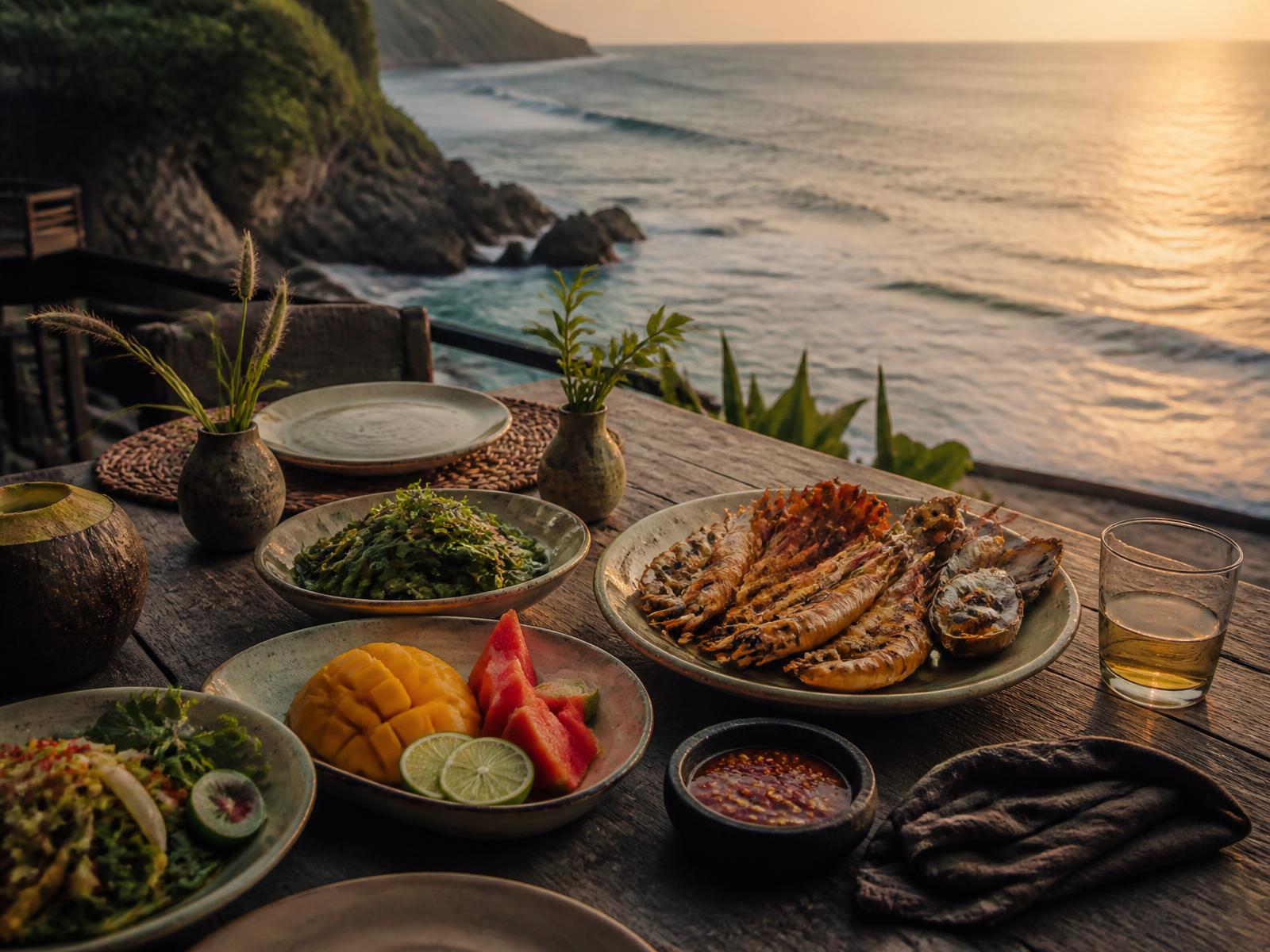 Simple open-air table on a timber deck above the Indonesian ocean at sunset with grilled seafood, garden greens, tropical fruit and sambal in a stone bowl