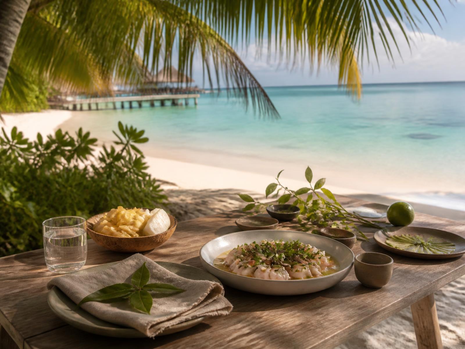 Timber table set on white coral sand at the edge of a turquoise Polynesian lagoon with reef fish crudo, lime, tropical fruit and garden herbs