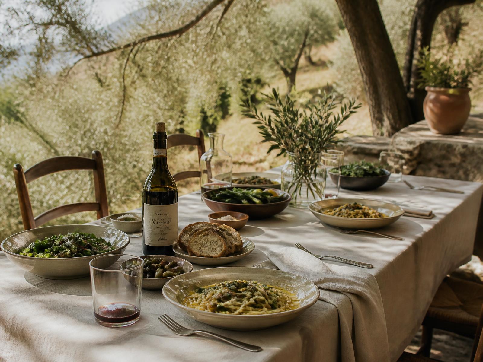 Long linen-covered lunch table beneath olive trees in Tuscany with handmade pasta, vegetables and a bottle of Chianti in dappled light