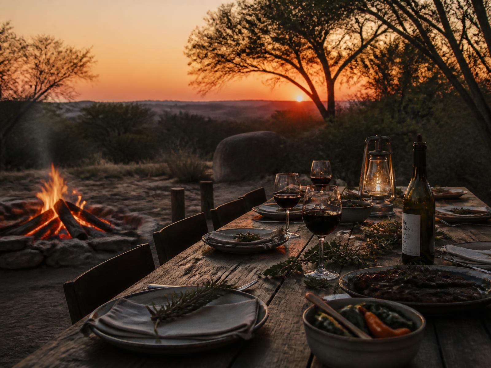 A long timber table set outdoors beside an open fire at dusk in the African bush with simple ceramics, fresh herbs, lanterns and South African wine