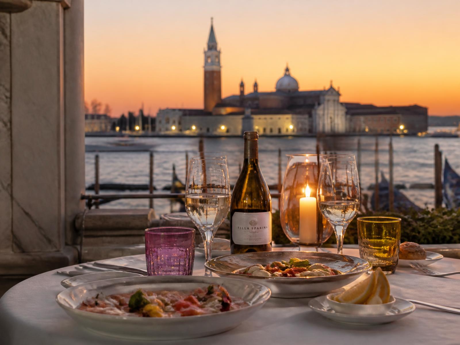 Candlelit terrace dinner overlooking the Venetian lagoon at sunset with white linen, Murano glass and Adriatic seafood