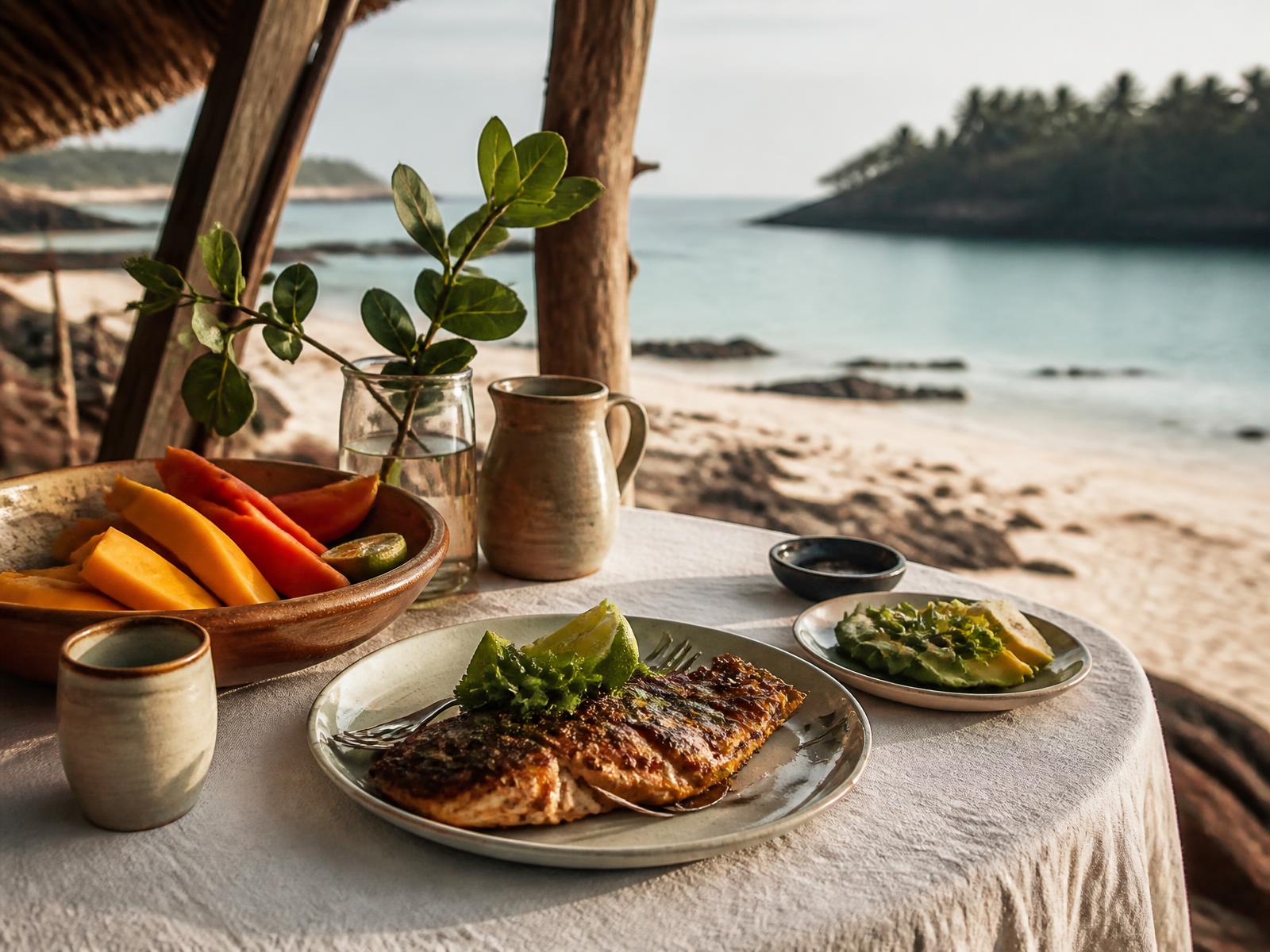 A simple breakfast of sliced mango and papaya on a white linen table on a Caribbean beach terrace in morning light