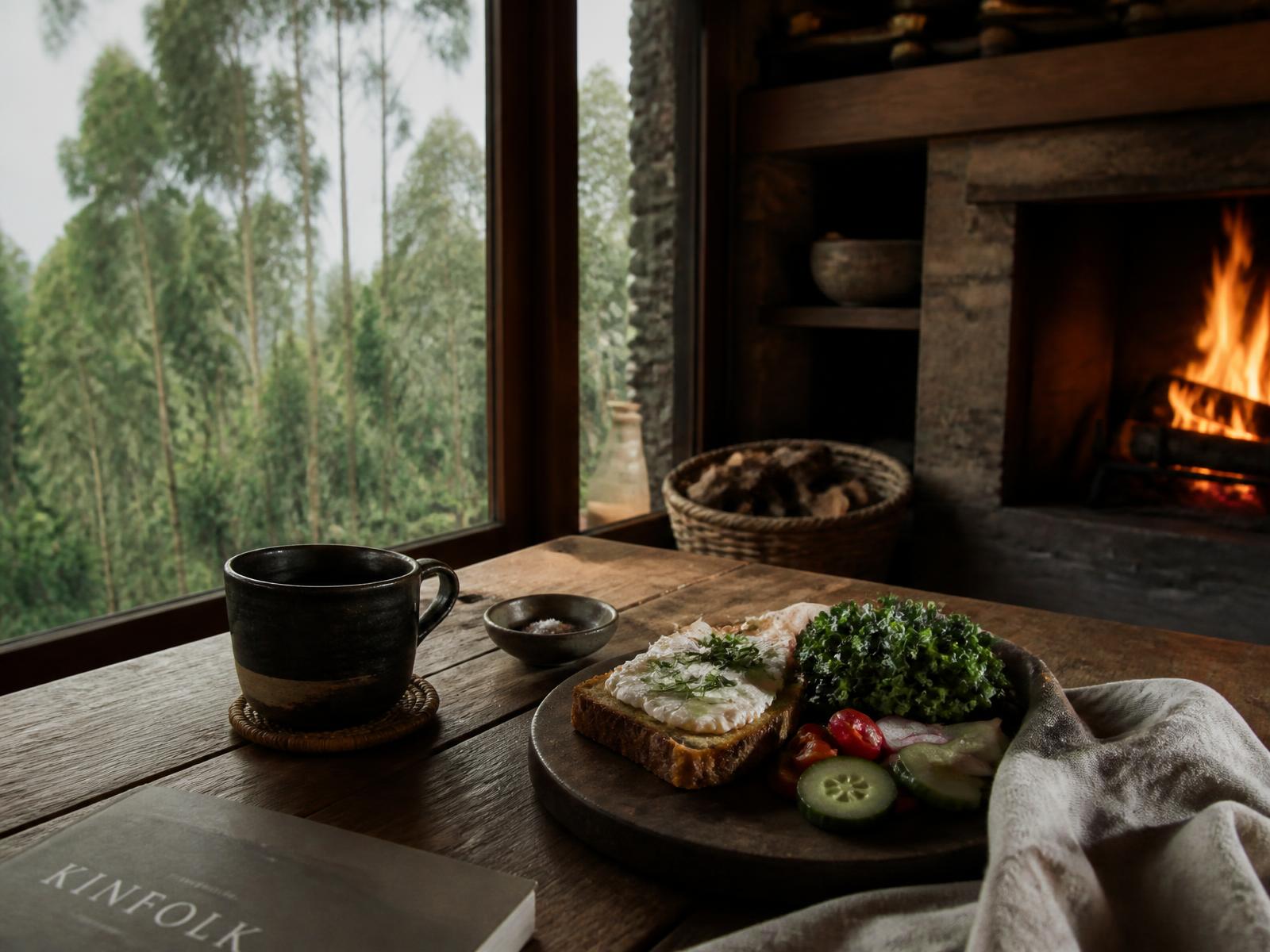 Slow breakfast beside a stone fireplace at a Rwandan forest lodge with Rwandan coffee in a handmade ceramic cup, garden vegetables and eucalyptus forest through the window
