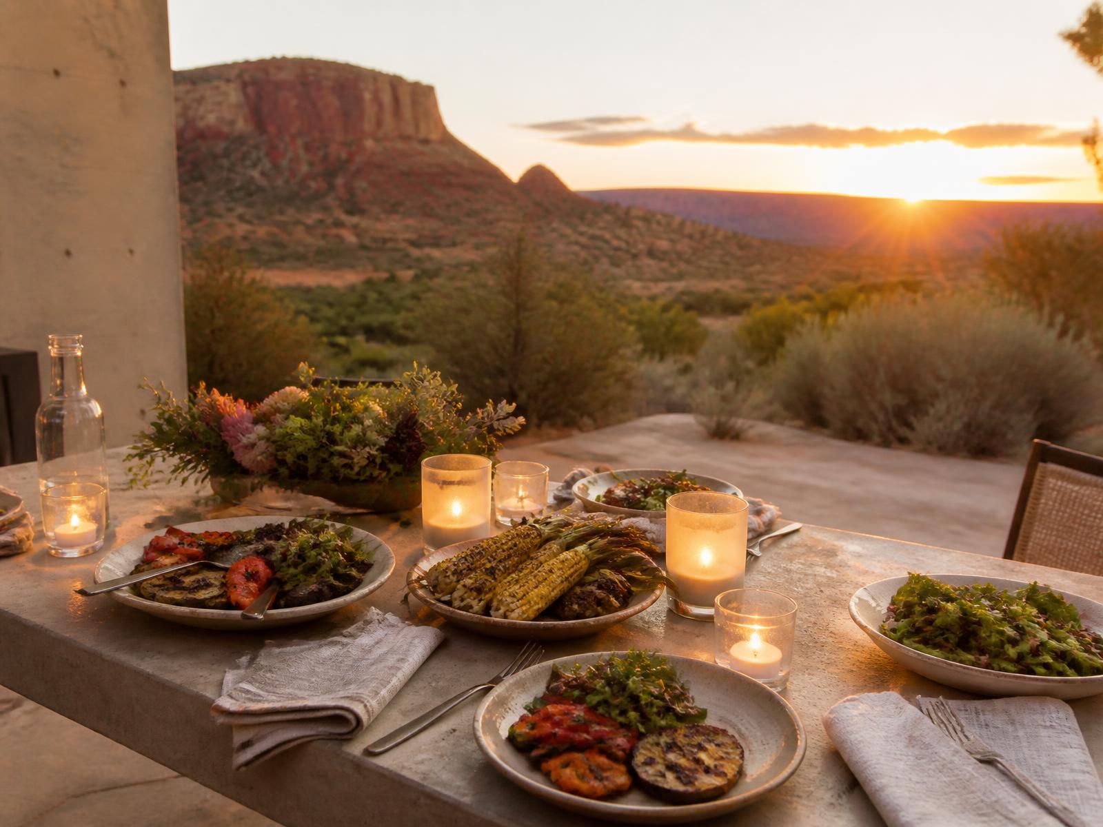 Open-air dinner on a concrete terrace at sunset with simple ceramic plates of southwestern vegetables, candles and desert mesas behind