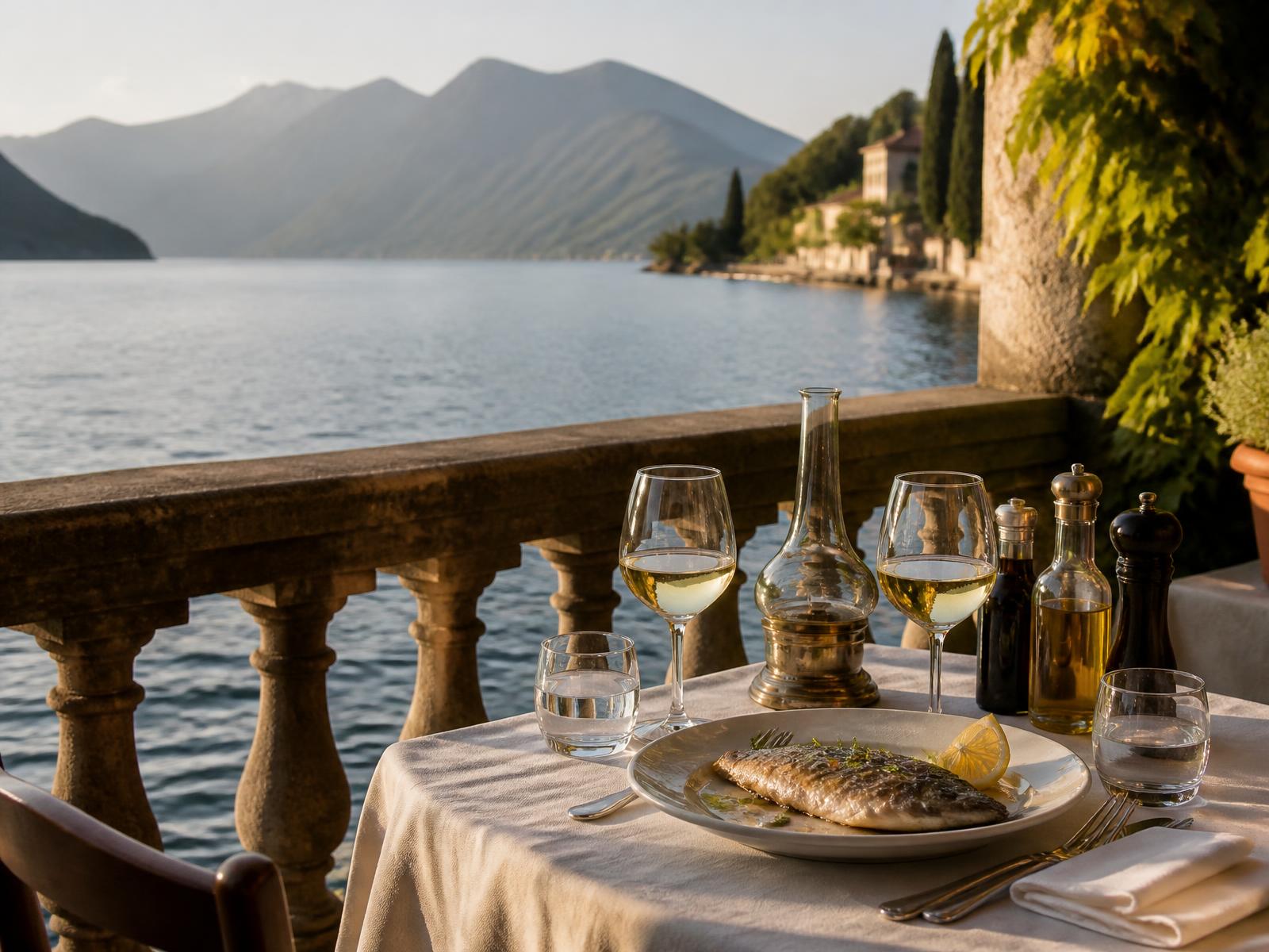 Lakeside restaurant terrace on Lake Como at golden hour with linen tablecloth, Italian white wine and a plate of lake fish above still water