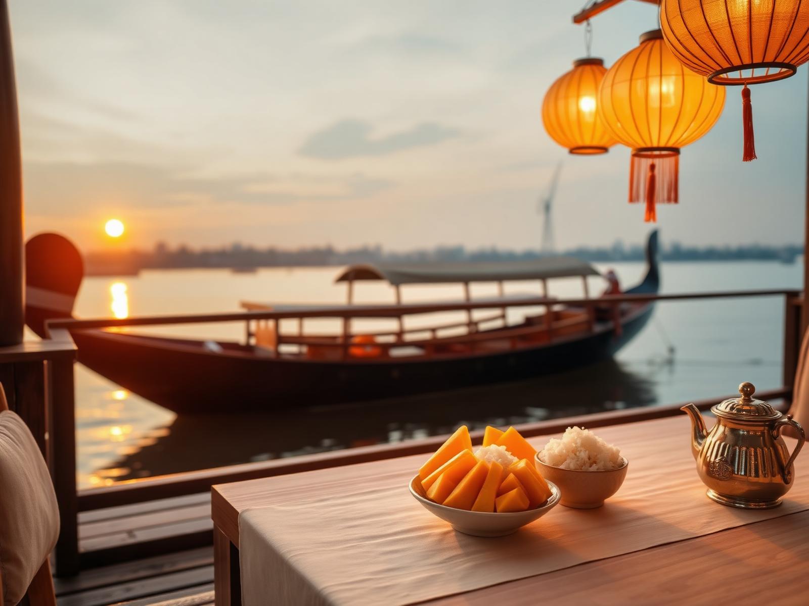 Riverside terrace dining at a historic Bangkok hotel at dusk with linen-laid tables, candlelight, orchids and the Chao Phraya River glowing beyond