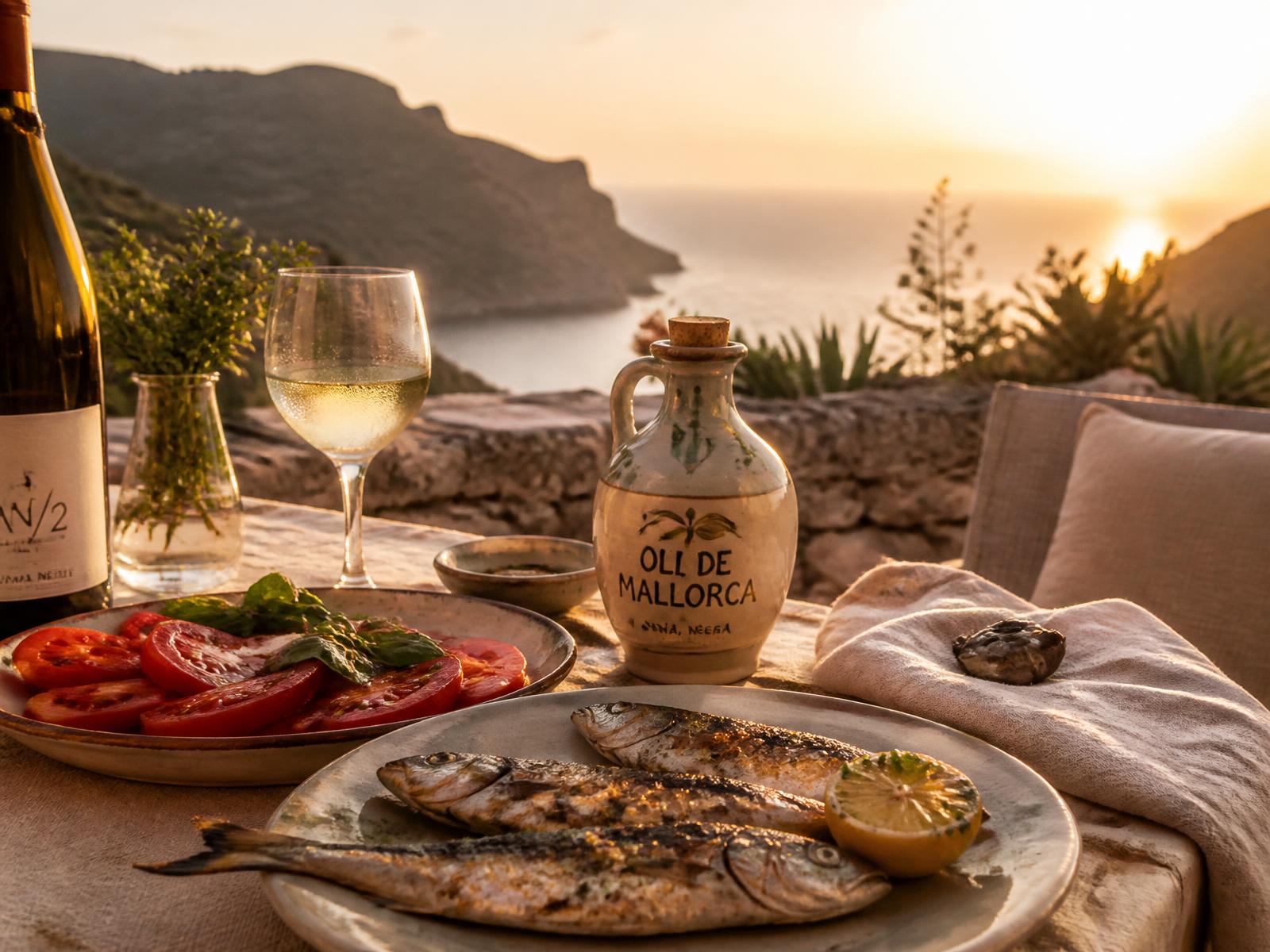 Sunset dinner on a stone terrace with grilled fish, tomatoes, Mallorcan olive oil and white wine above the sea