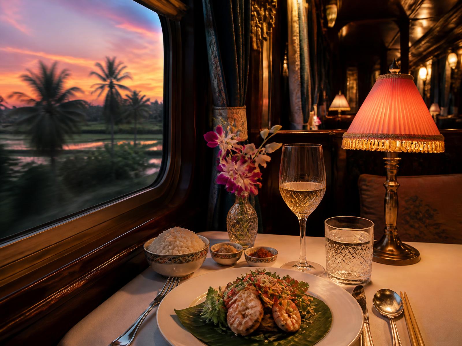 Dining car table laid with white linen, crystal and lamplight, a plate of Malay and Thai inspired seafood with fresh herbs, tropical dusk passing the window