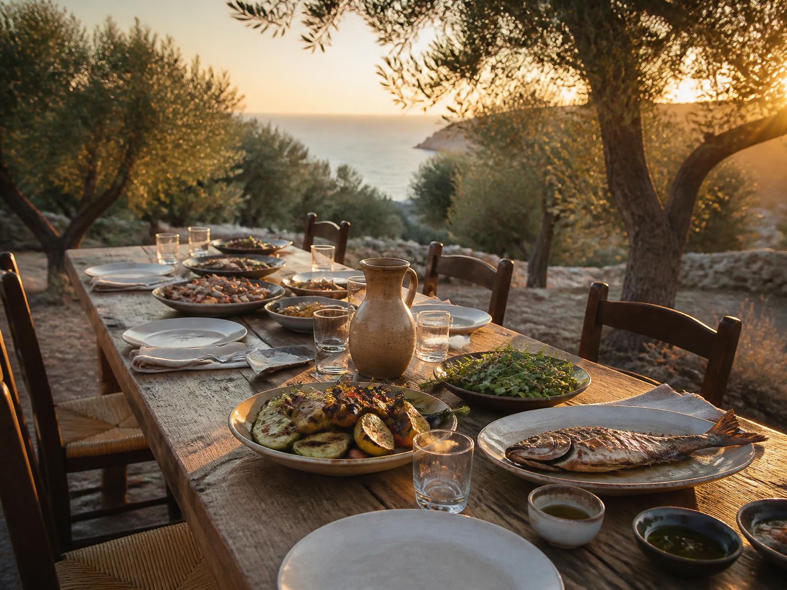 Long shared wooden table under olive trees at sunset with wood-fired vegetables, whole fish, ceramic plates and a clay jug of olive oil