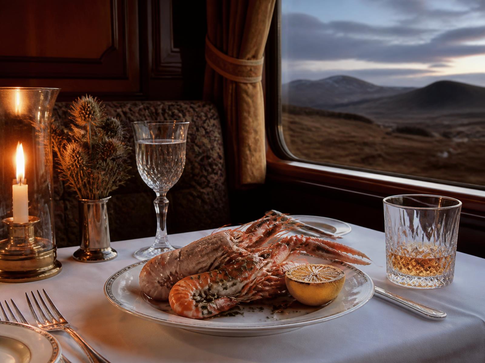 Ein kerzenbeleuchteter Esstisch in einem holzgetäfelten Zugwaggon, gedeckt mit weißem Leinen, Kristall und Silber, ein Teller schottischer Langusten und ein Glas Single Malt Whisky, mit Highland-Hügeln in der Dämmerung hinter dem Fenster