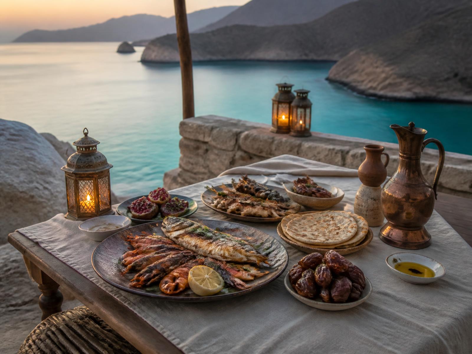 A low table set on a stone terrace above a calm turquoise Omani bay at dusk with grilled seafood, dates, flatbread, olive oil and copper vessels lit by lanterns