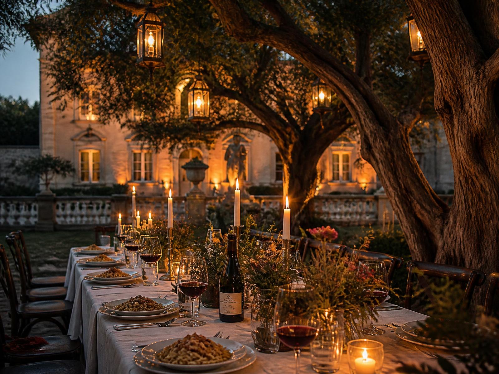A candlelit dinner table set with white linen beneath centuries-old trees in an Italian garden at dusk, lanterns in the branches and a palazzo softly lit behind