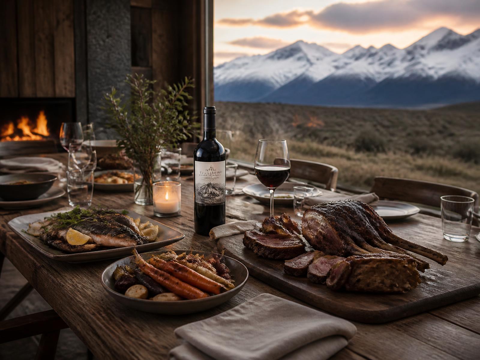 Long timber table in a Patagonian lodge set with slow-roasted lamb, fresh trout, roasted root vegetables and Chilean red wine, firelight and snow mountains through the window at dusk