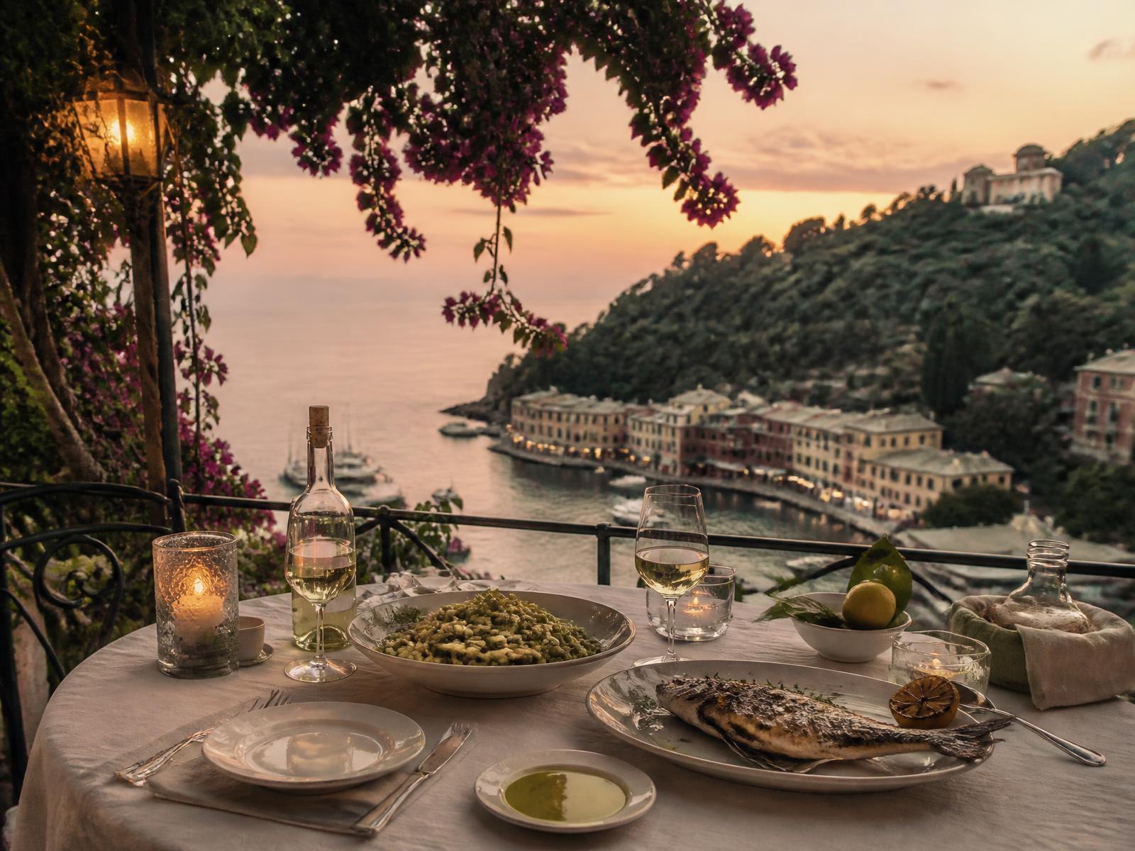 Candlelit terrace table above Portofino harbour at sunset with white linen, Ligurian pesto pasta, grilled fish and a bottle of white wine