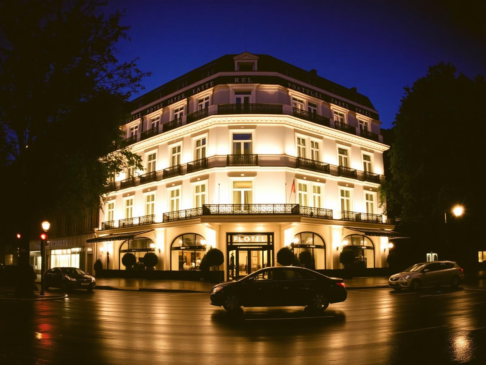 Beleuchtete Fassade eines Londoner Grand Hotels an der Park Lane in der blauen Stunde