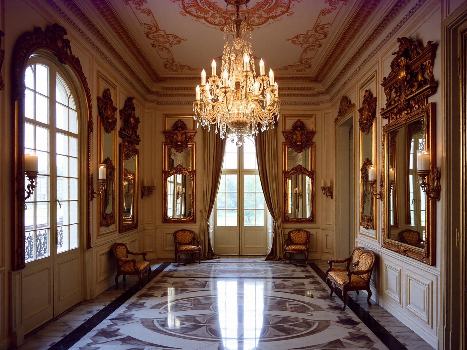 Pariser Salon mit Marmorboden, vergoldeten Spiegeln und Kristalllüster im Tageslicht