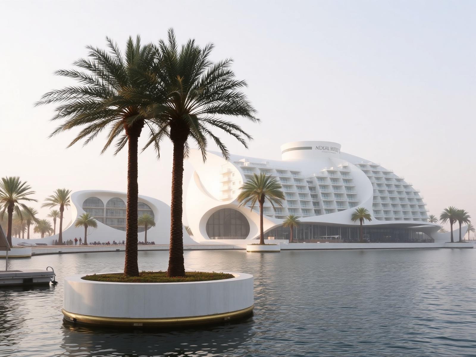 Geschwungene weiße Hotelarchitektur am Wasser in Dubai im diesigen Morgenlicht