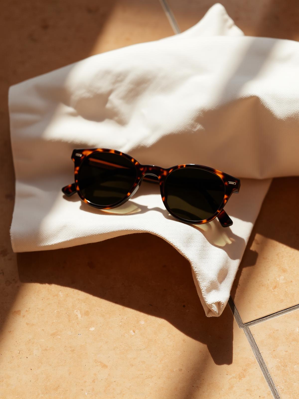 Schmale Sonnenbrille aus Schildpatt-Acetat auf einem Leinentuch auf Travertin im Sonnenlicht