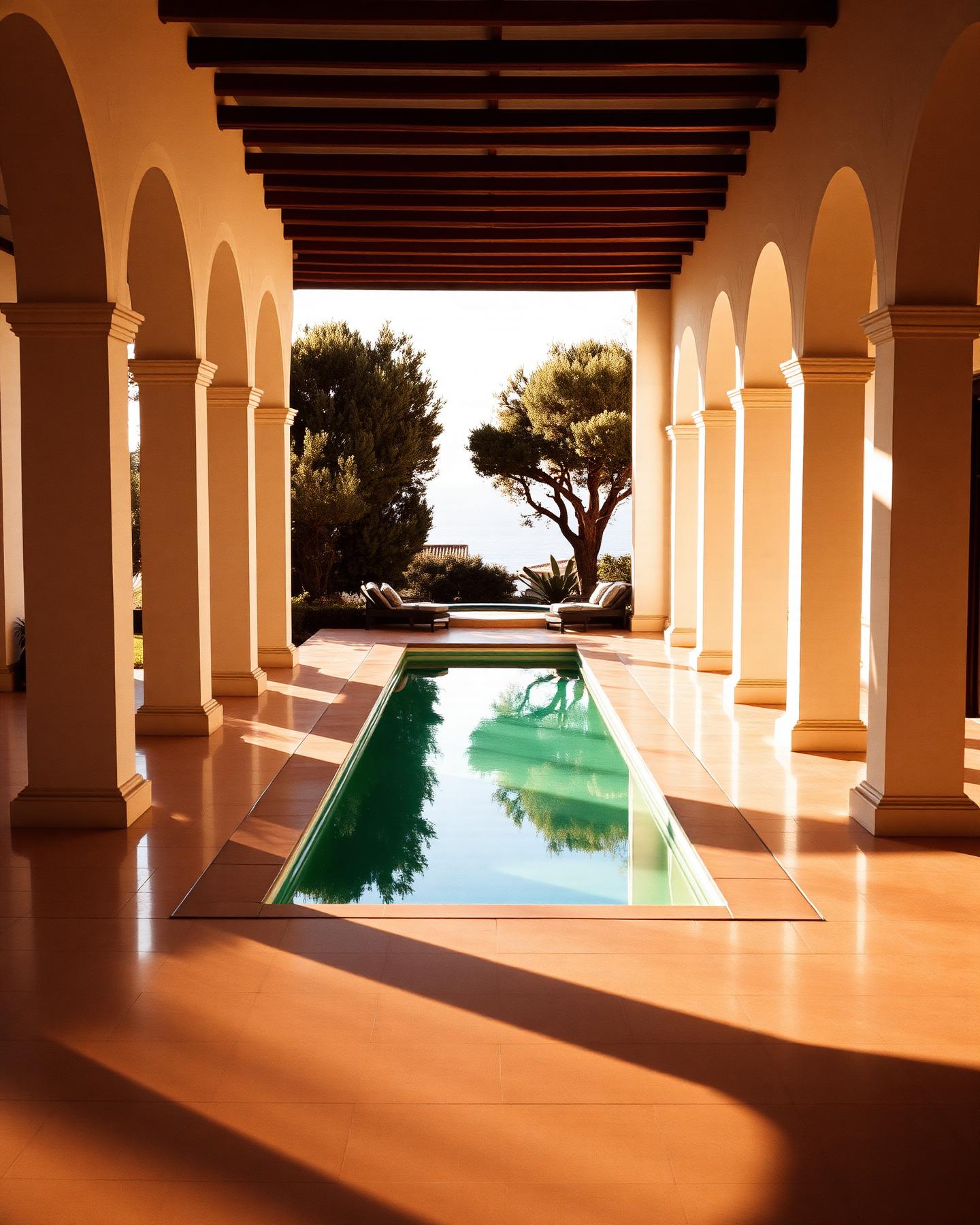 Andalusischer Innenhof mit hohen Arkaden, langem Wasserbecken und Olivenbäumen