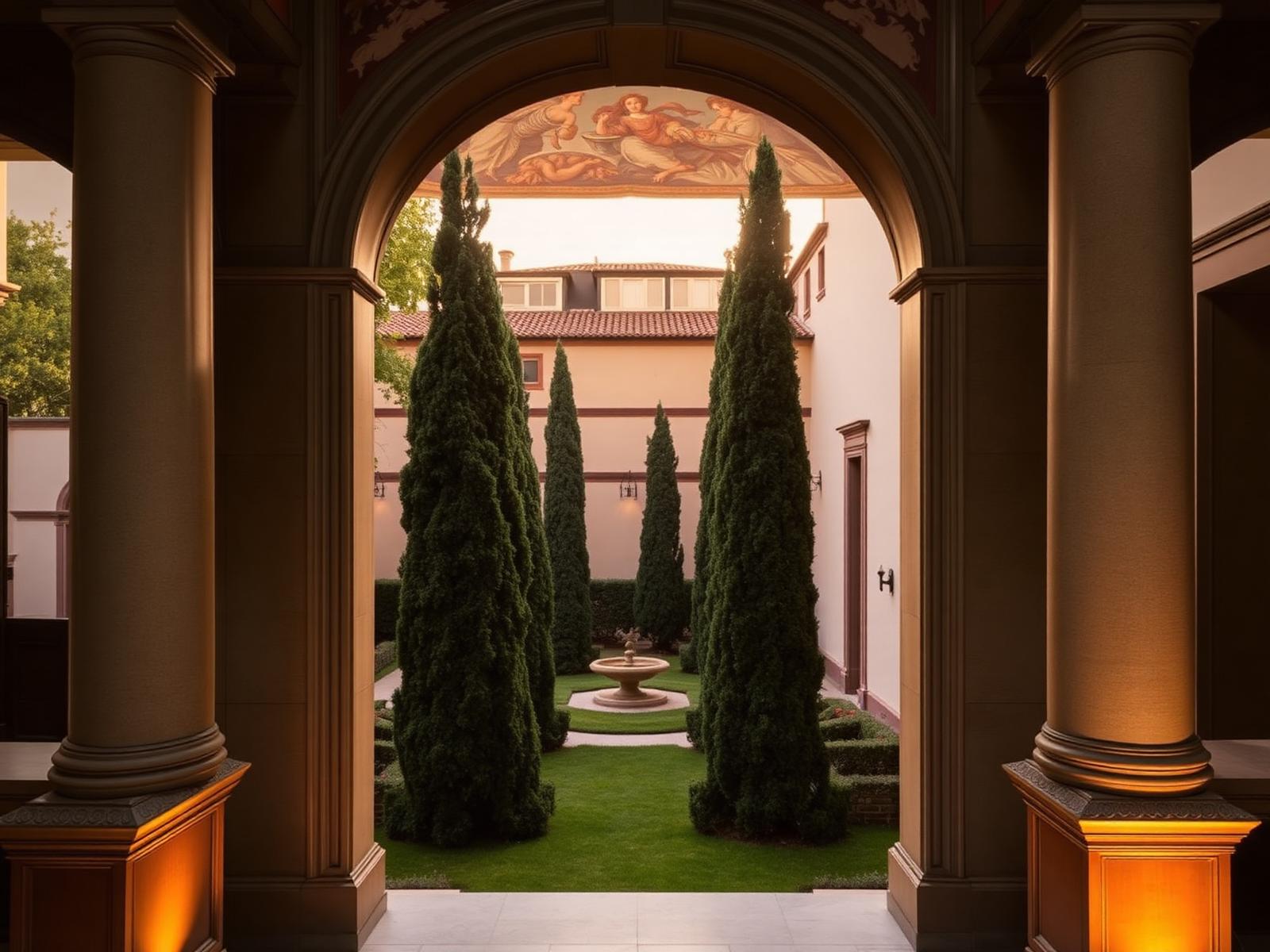Frescoed loggia of a Renaissance palazzo opening onto a private walled garden with cypresses at dusk