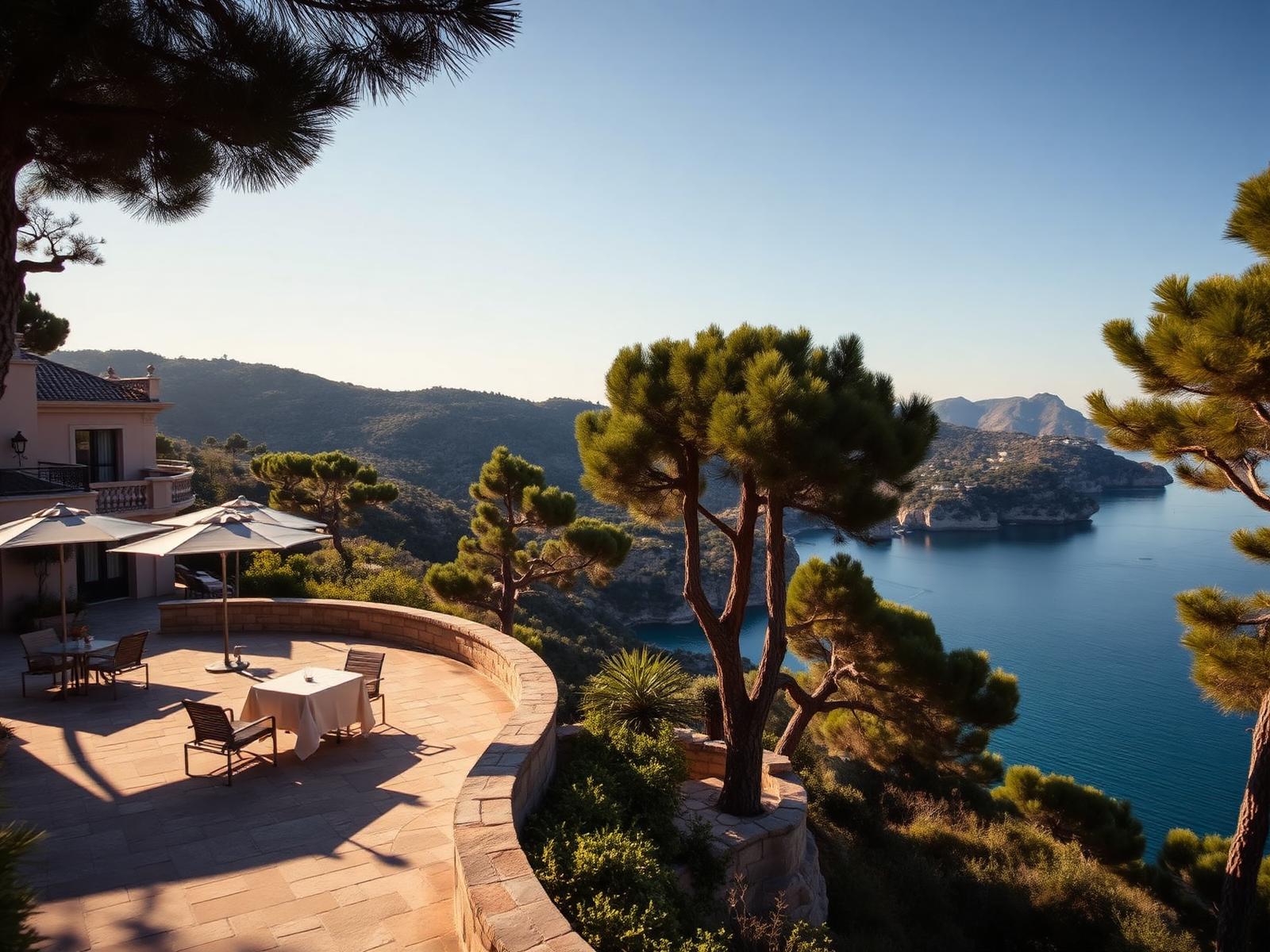 Stone terrace of a Mediterranean grand hotel among umbrella pines above a crescent bay