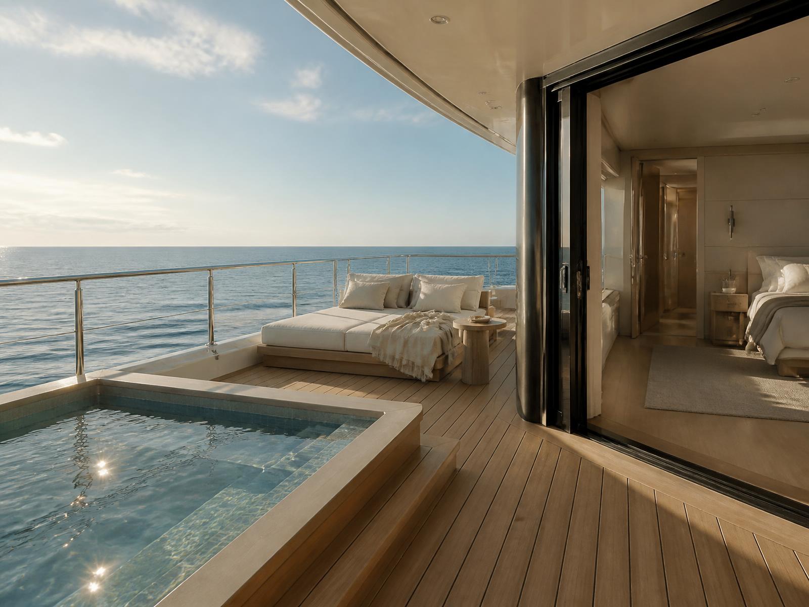 Yacht suite terrace with a private plunge pool, oak decking and a linen daybed facing the open sea