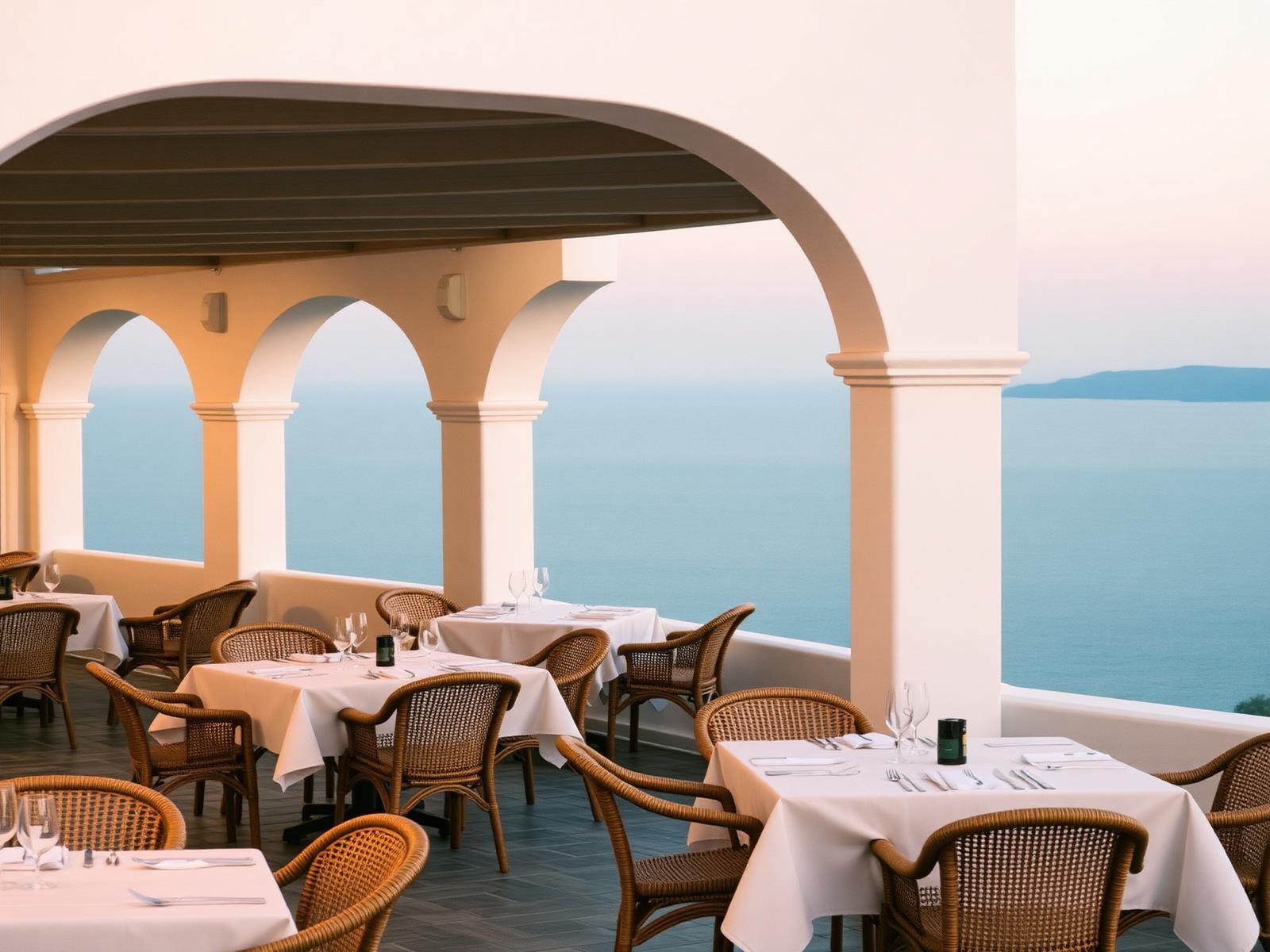 Terrasse mit weißen Bögen, Korbstühlen und Leinentischen über der Ägäis auf Mykonos