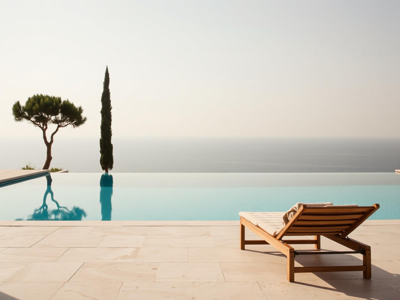 Still hotel pool on a limestone deck with cypress trees and a hazy sea horizon