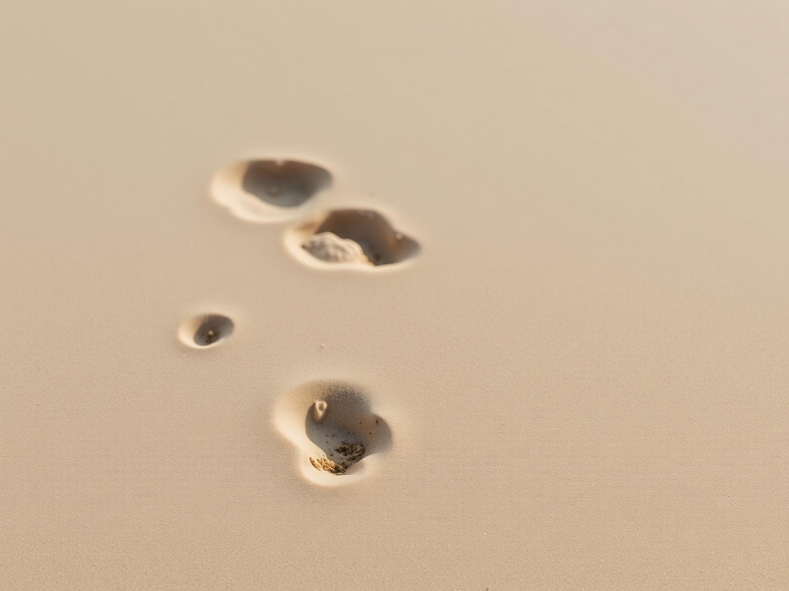 Barefoot footprints pressed into untouched powder-white sand at dawn with soft shadows