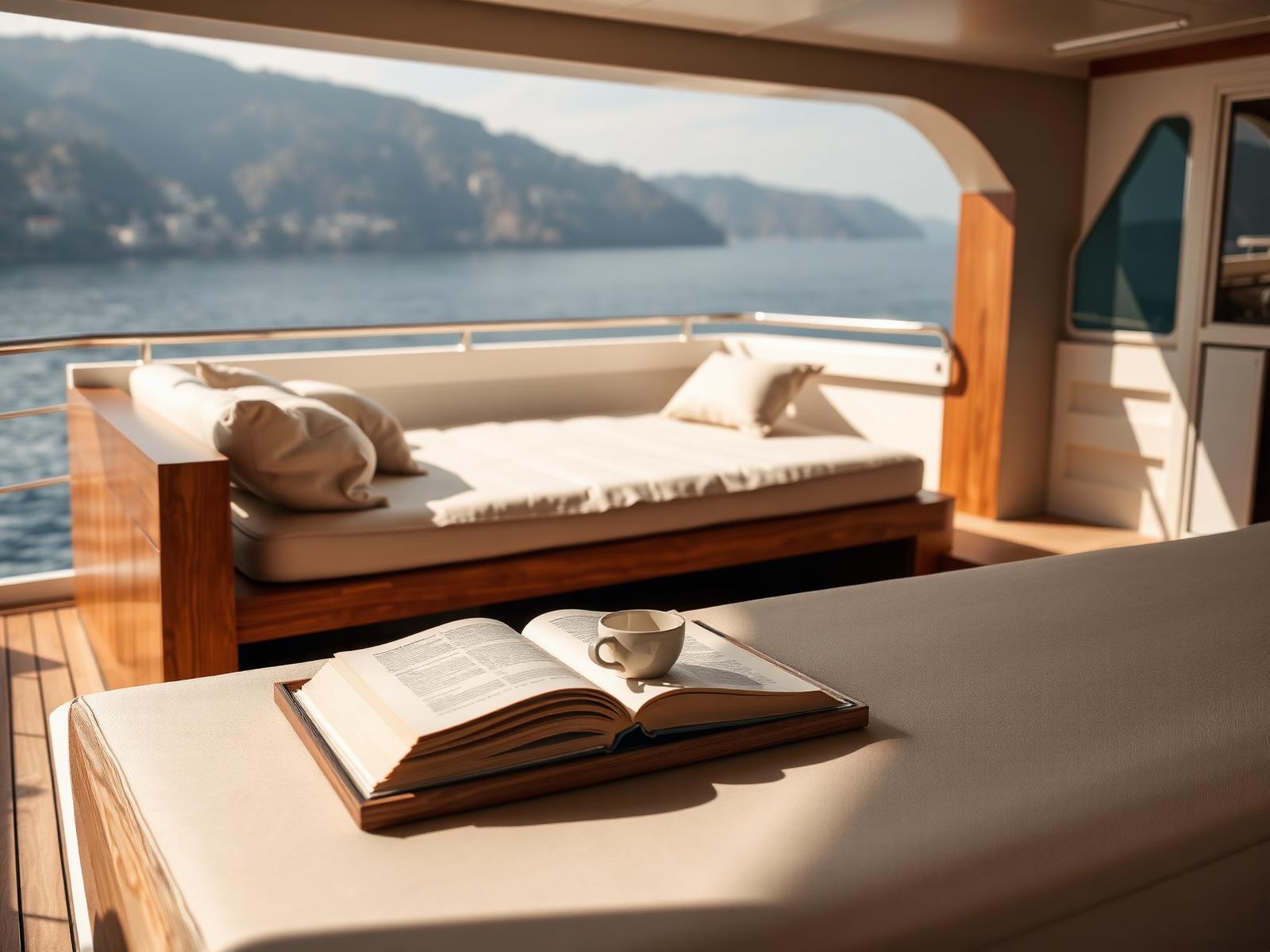 Private teak terrace with a linen daybed, an open book and a ceramic cup in morning light