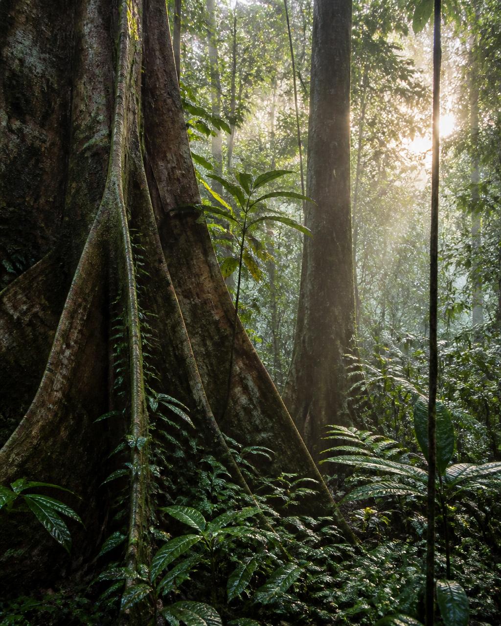 Ancient Malaysian rainforest interior at dawn with enormous buttressed tree trunks, hanging vines and shafts of golden light through mist