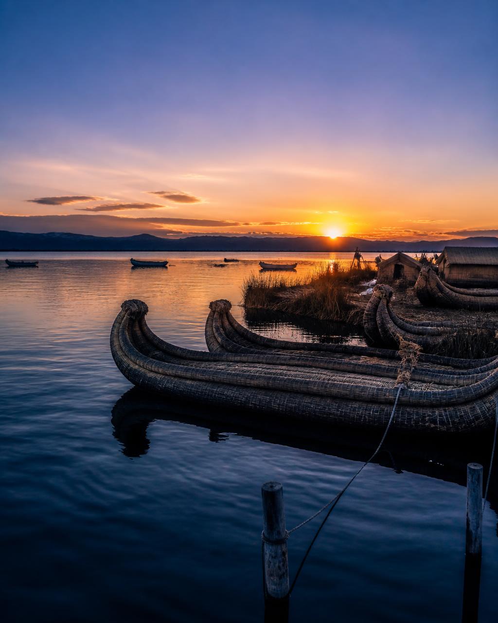 Der Titicacasee bei Sonnenuntergang mit Schilfbooten am Ufer, stilles blaues Wasser und ferne Andengipfel unter goldenem Himmel