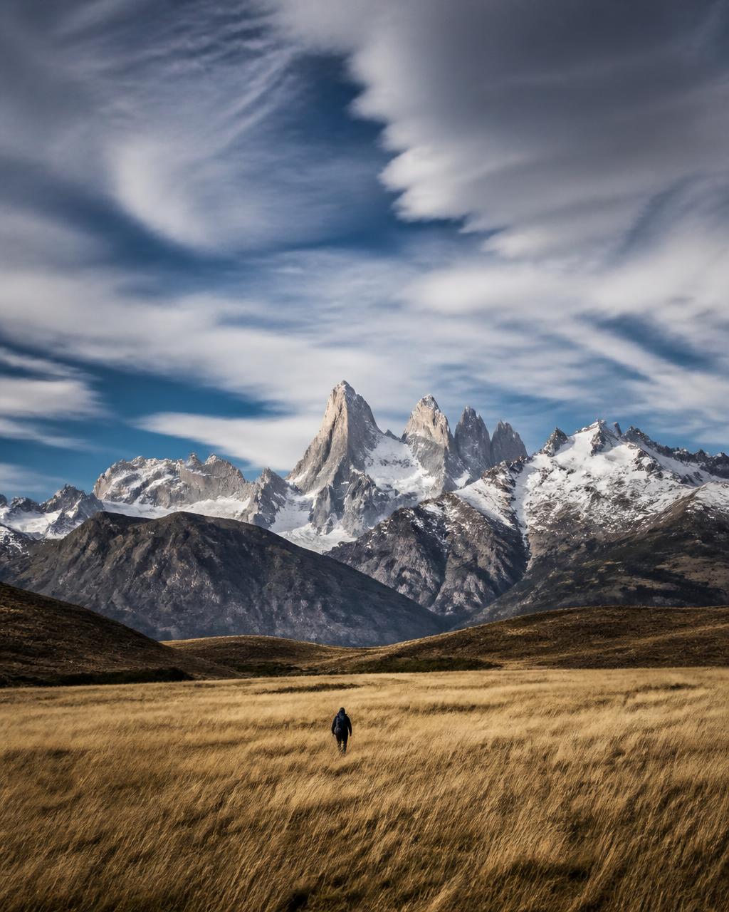 A single walker crossing an immense valley of golden Patagonian grass beneath towering snow-covered granite peaks and a vast windswept sky