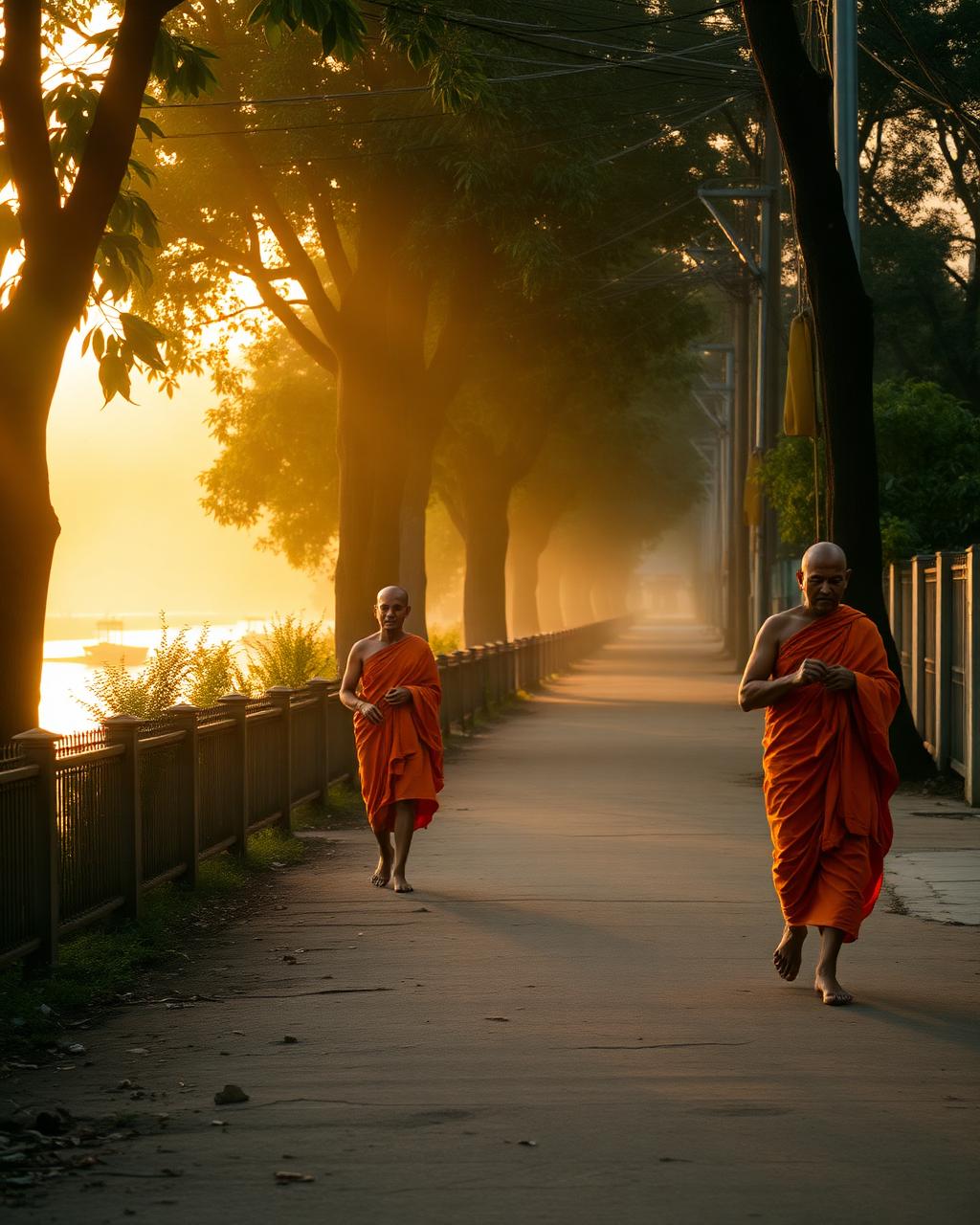 Buddhist monks in saffron robes walking barefoot along a Bangkok riverside lane at sunrise in soft golden mist